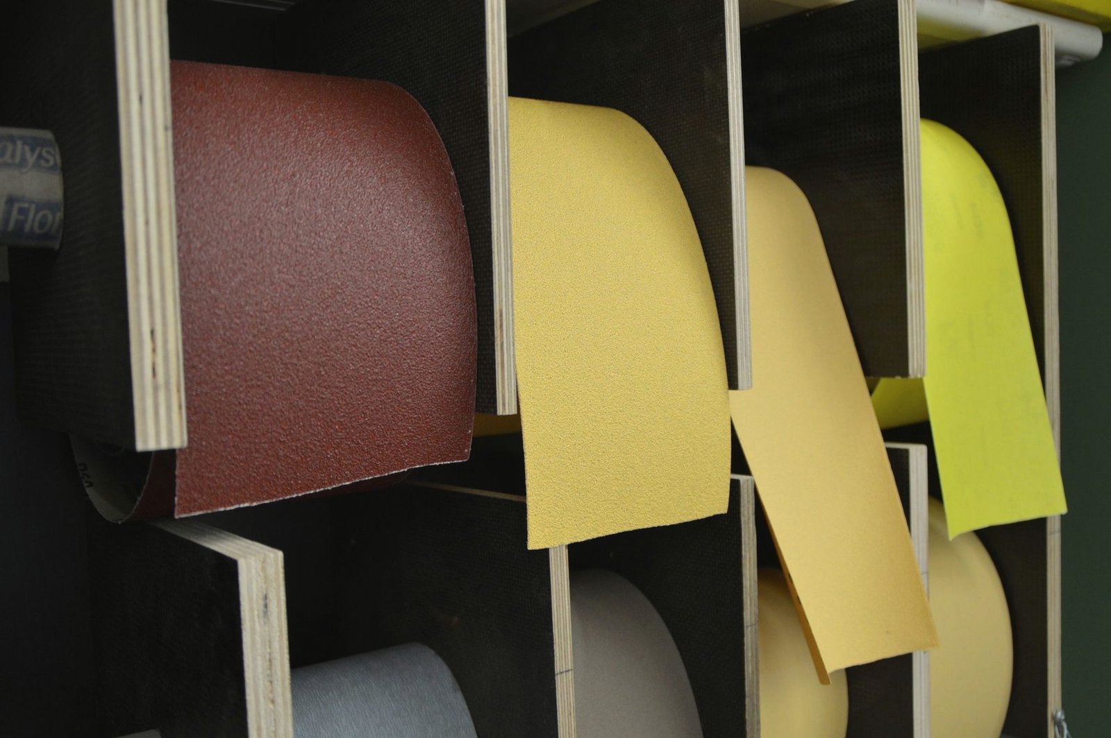 Sheets of material in several colours racked on edge.